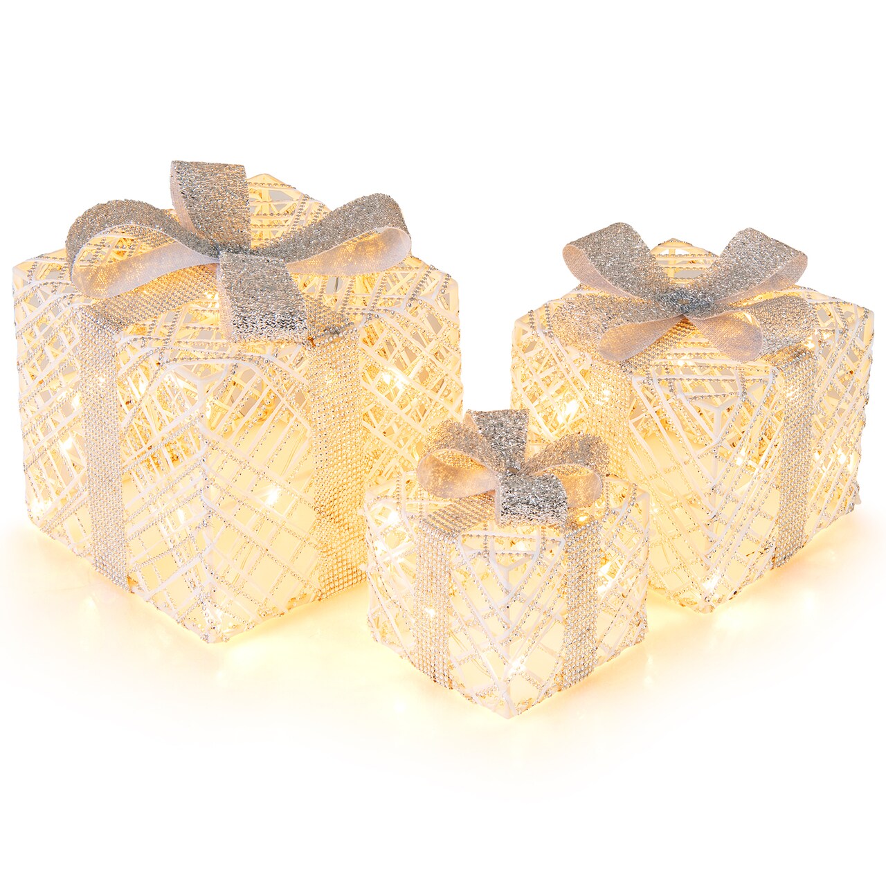 Christmas Lighted Gift Boxes 3 Pack with LED Lights and Removable Bows